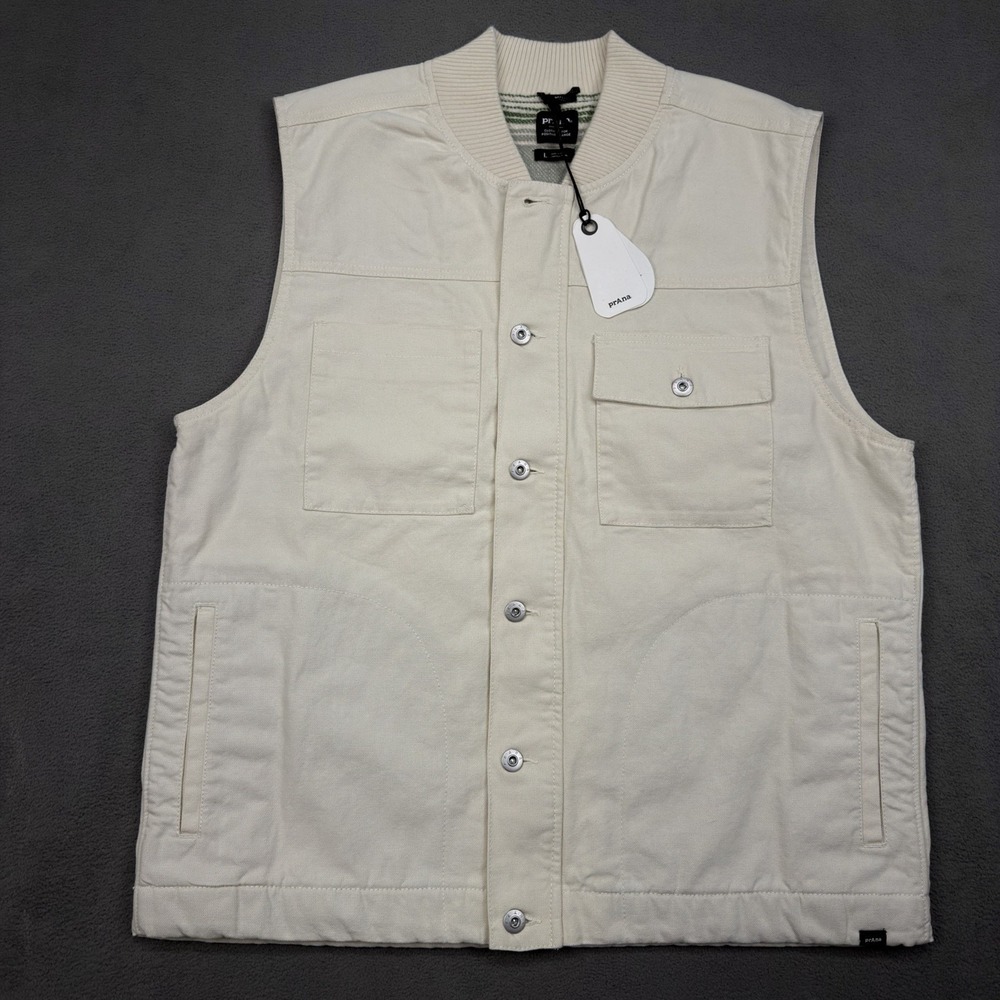 New PrAna Grover Canvas Utility Vest‎ Cargo Mens L Chalk Beige $150 Retail NWT